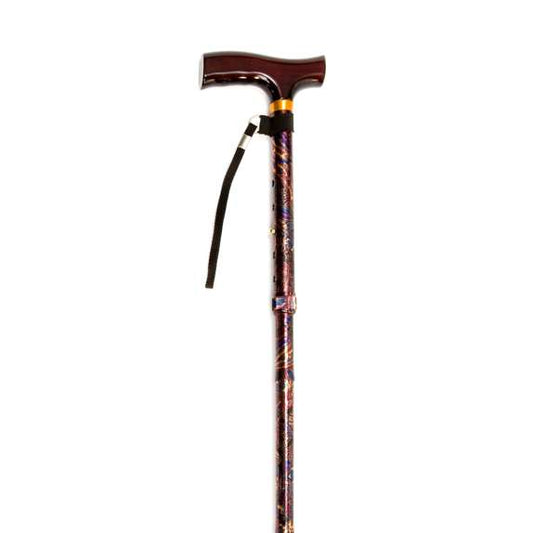 Folding Cane with Strap - Black Paisley