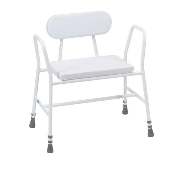 Bariatric Perching Stool with White PVC Seat with Tubular Armrests and Padded Back