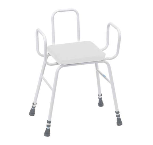 Perching Stool with White PVC Seat, Tubular Armrests and Back