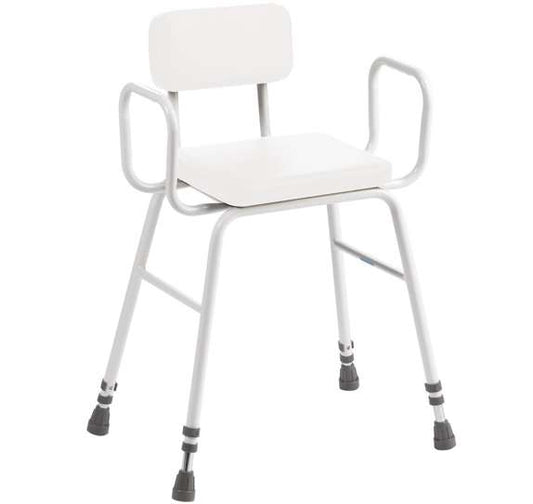 Perching Stool with White PVC Seat, Tubular Armrests and Padded Back